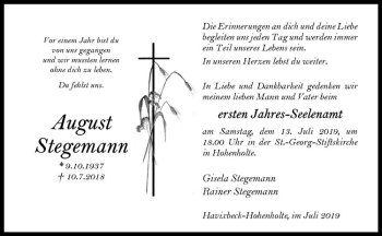 Anzeige von August Stegemann von Westfälische Nachrichten