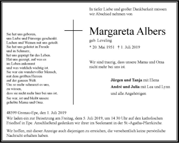 Anzeige von Margareta Albers von Westfälische Nachrichten