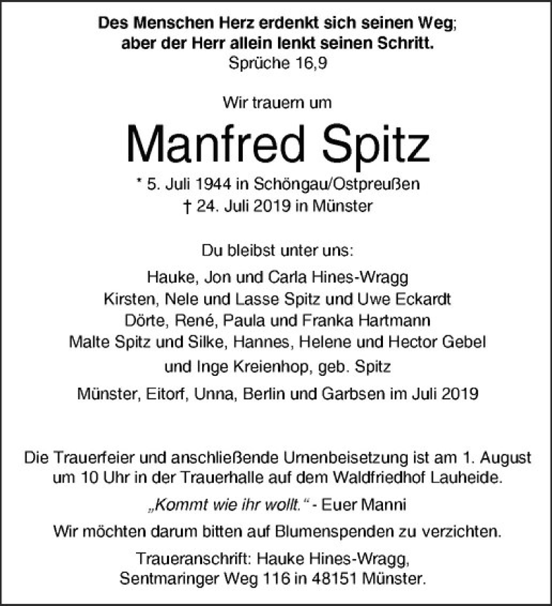  Traueranzeige für Manfred Spitz vom 27.07.2019 aus Westfälische Nachrichten