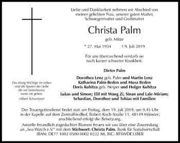 Anzeige von Christa Palm von Westfälische Nachrichten
