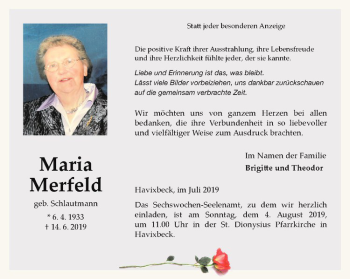 Anzeige von Maria Merfeld von Westfälische Nachrichten