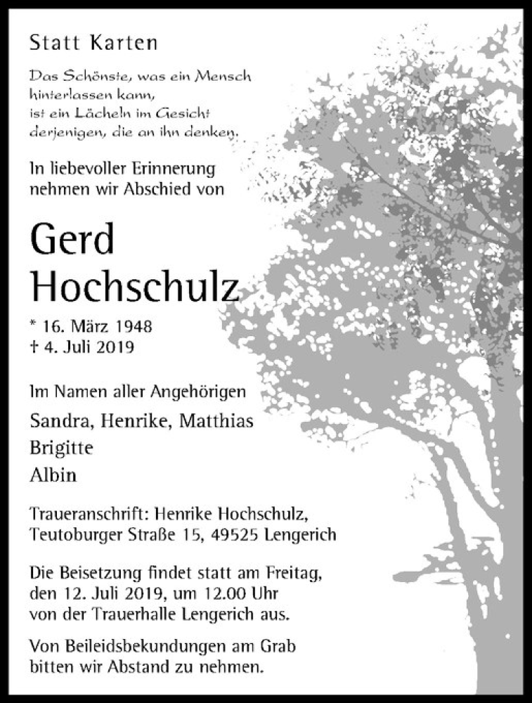  Traueranzeige für Gerd Hochschulz vom 10.07.2019 aus Westfälische Nachrichten