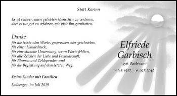 Anzeige von Elfriede Garbisch von Westfälische Nachrichten