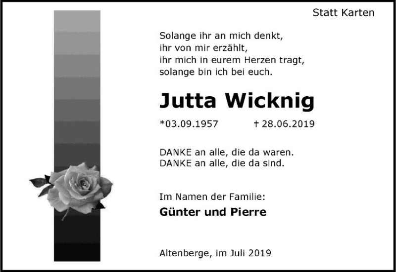  Traueranzeige für Jutta Wicknig vom 27.07.2019 aus Westfälische Nachrichten