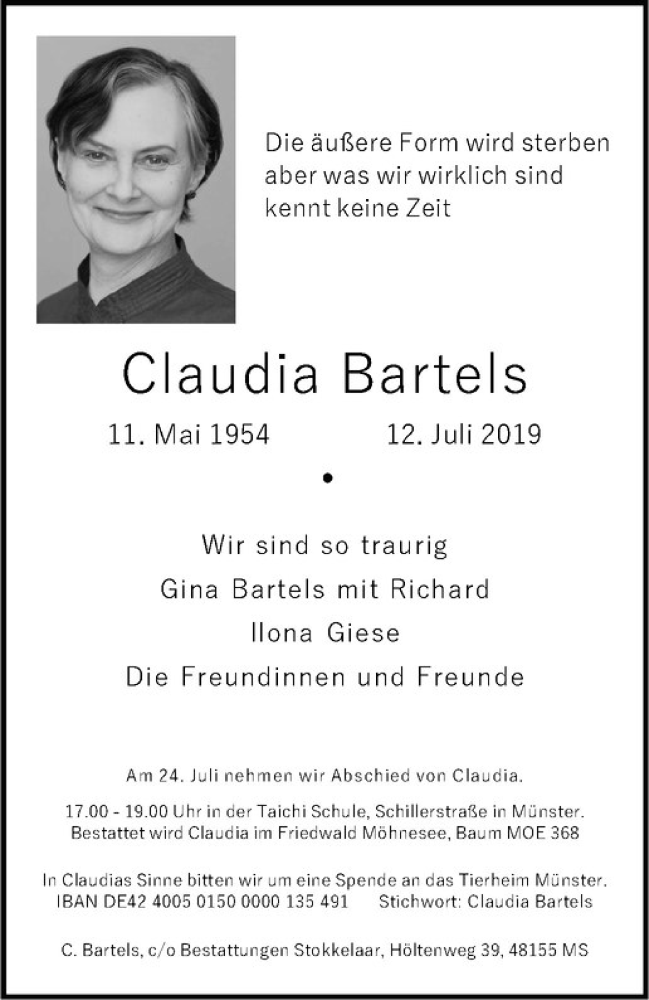  Traueranzeige für Claudia Bartels vom 20.07.2019 aus Westfälische Nachrichten