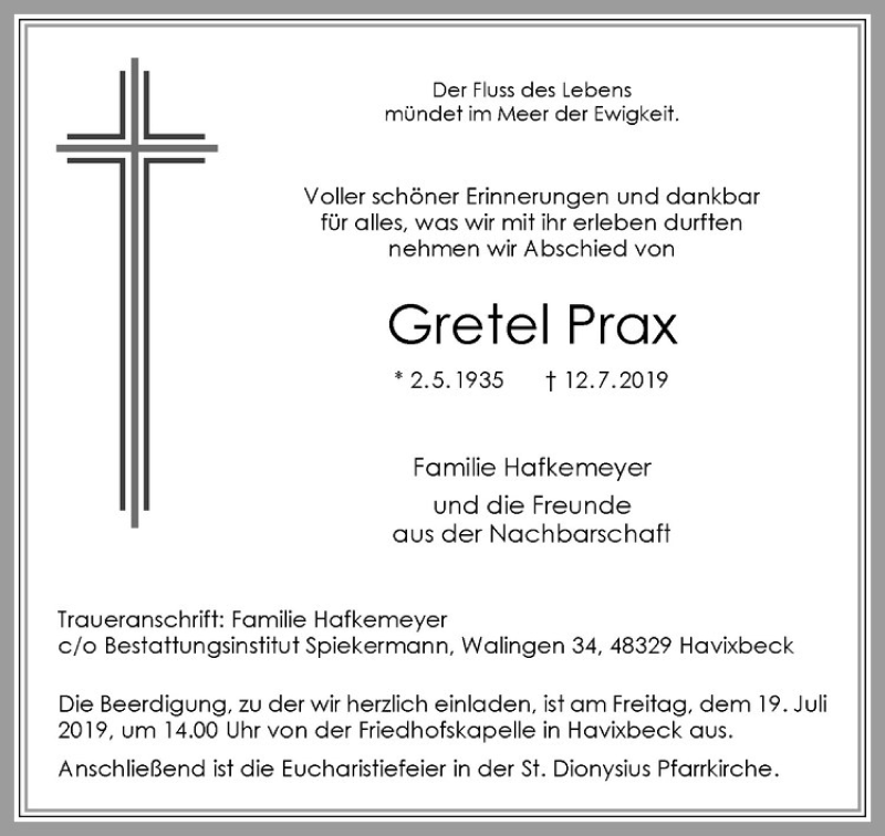  Traueranzeige für Gretel Prax vom 17.07.2019 aus Westfälische Nachrichten