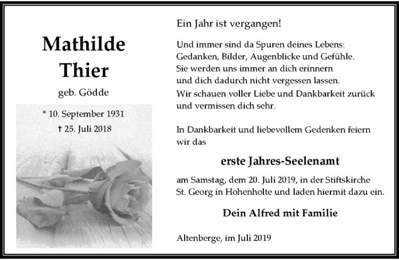  Traueranzeige für Matilde Thier vom 13.07.2019 aus Westfälische Nachrichten