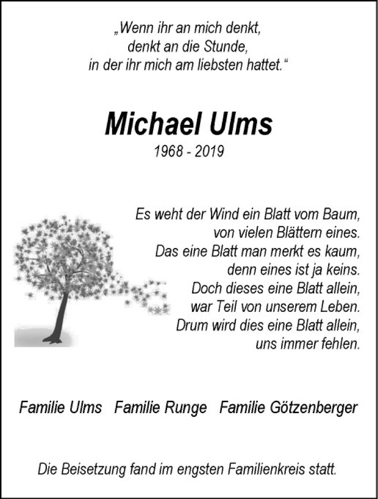  Traueranzeige für Michael Ulms vom 13.07.2019 aus Westfälische Nachrichten