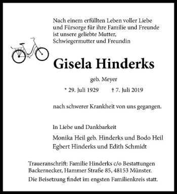 Anzeige von Gisela Hinderks von Westfälische Nachrichten