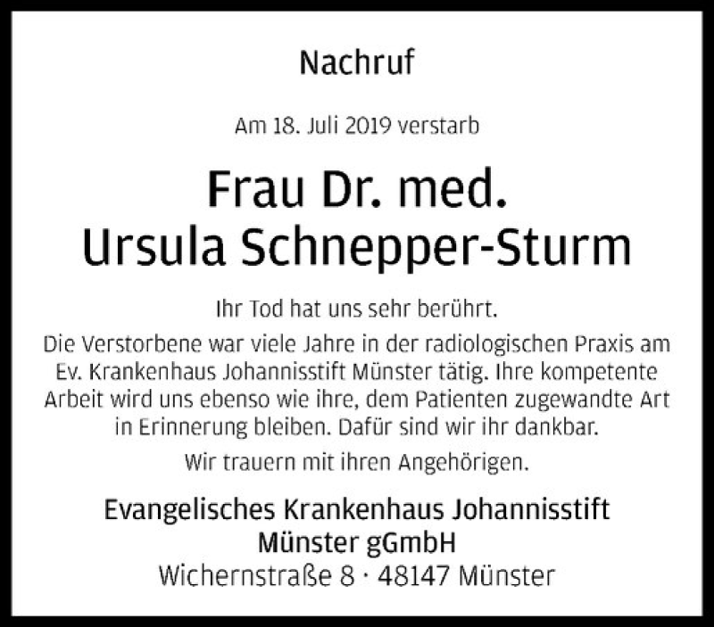  Traueranzeige für Ursula Schnepper-Sturm vom 31.07.2019 aus Westfälische Nachrichten
