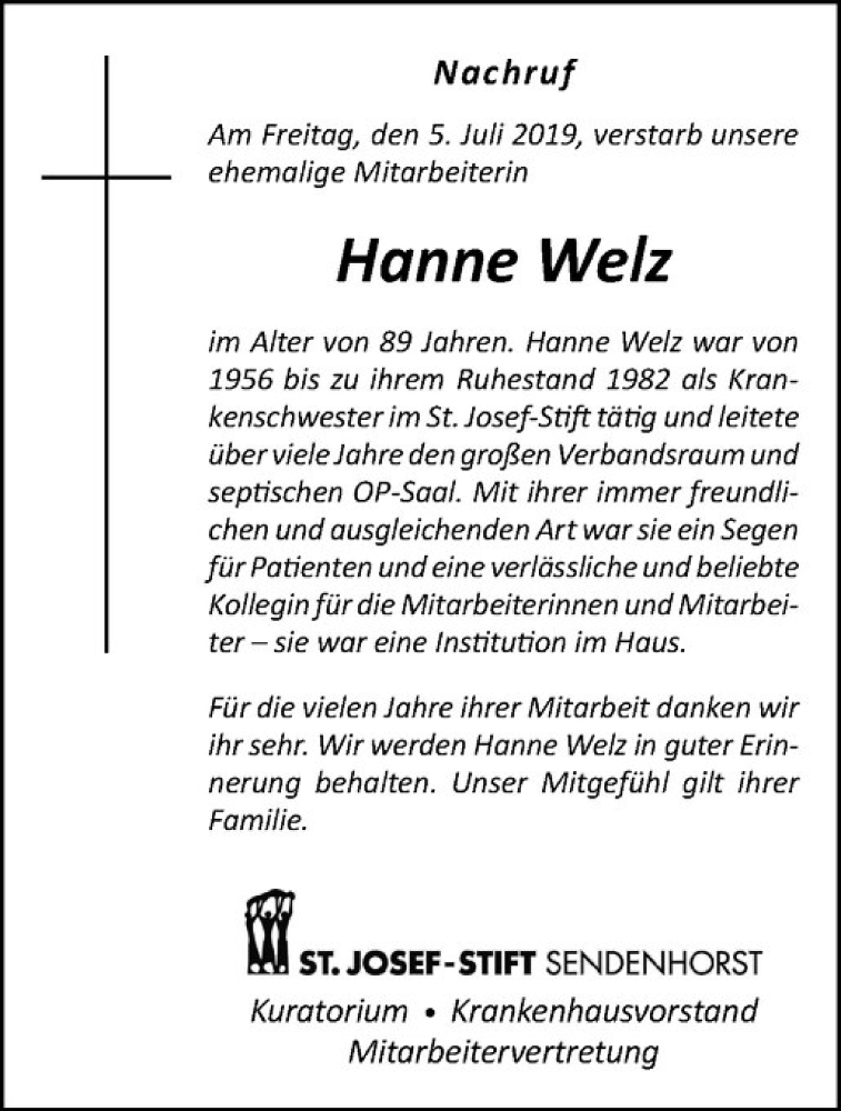  Traueranzeige für Hanne Welz vom 10.07.2019 aus Westfälische Nachrichten