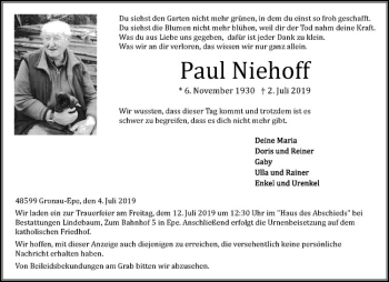 Anzeige von Paul Niehoff von Westfälische Nachrichten