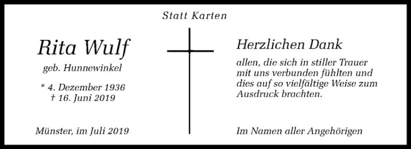 Traueranzeige für Rita Wulf vom 20.07.2019 aus Westfälische Nachrichten