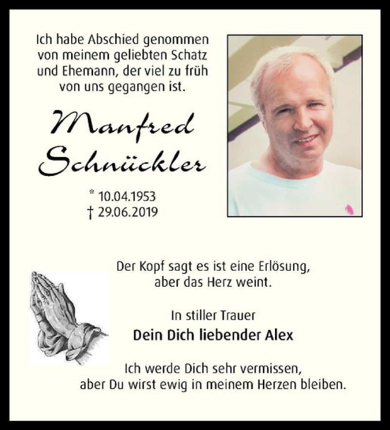  Traueranzeige für Manfred Schnückler vom 06.07.2019 aus Westfälische Nachrichten