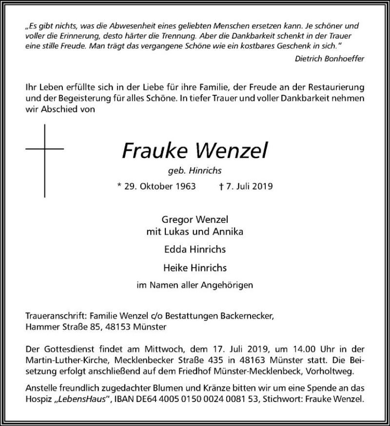  Traueranzeige für Frauke Wenzel vom 13.07.2019 aus Westfälische Nachrichten