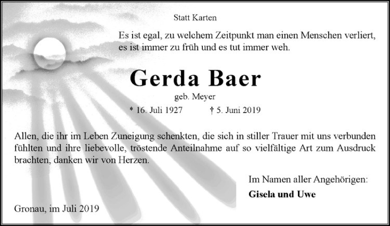  Traueranzeige für Gerda Baer vom 16.07.2019 aus Westfälische Nachrichten