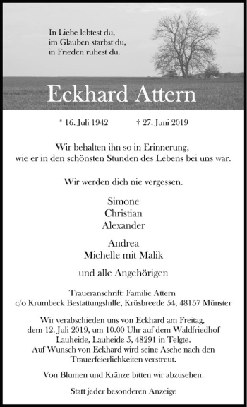 Anzeige von Eckhard Attern von Westfälische Nachrichten