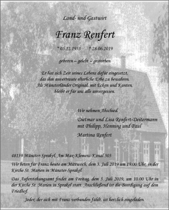 Anzeige von Franz Renfert von Westfälische Nachrichten