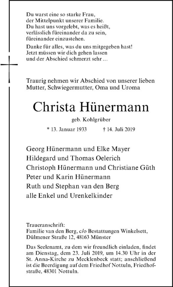  Traueranzeige für Christa Hünermann vom 17.07.2019 aus Westfälische Nachrichten