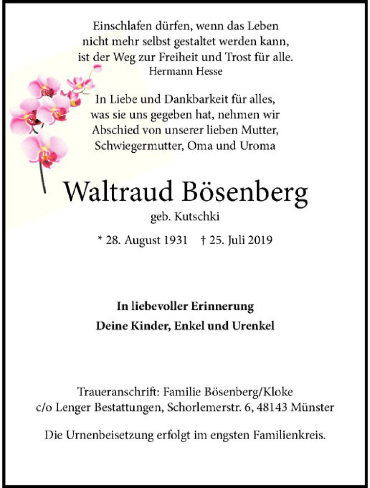  Traueranzeige für Waltraud Bösenberg vom 31.07.2019 aus Westfälische Nachrichten