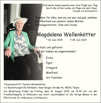 Anzeige von Magdalena Wellenkötter von Westfälische Nachrichten