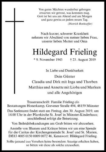 Anzeige von Hildegard Frieling von Westfälische Nachrichten