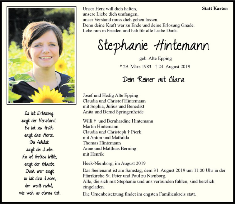  Traueranzeige für Stephanie Hintemann vom 28.08.2019 aus Westfälische Nachrichten