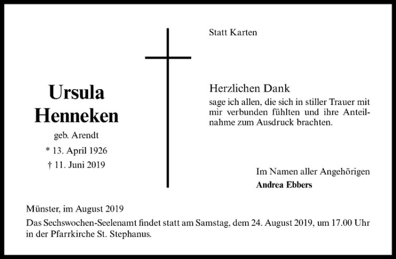  Traueranzeige für Ursula Henneken vom 22.08.2019 aus Westfälische Nachrichten
