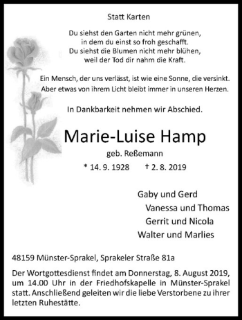 Anzeige von Marie-Luise Hamp von Westfälische Nachrichten