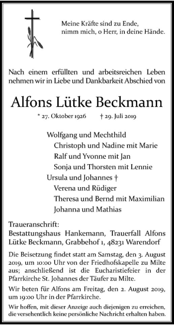 Anzeige von Alfons Lütke Beckmann von Westfälische Nachrichten