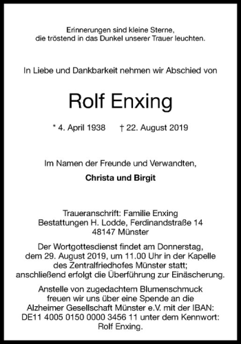 Anzeige von Rolf Enxing von Westfälische Nachrichten