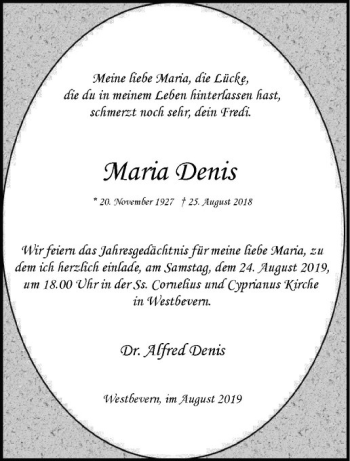 Anzeige von Maria Denis von Westfälische Nachrichten