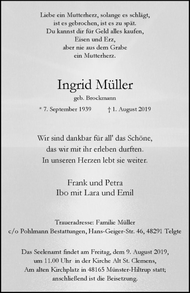  Traueranzeige für Ingrid Müller vom 07.08.2019 aus Westfälische Nachrichten