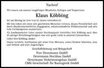 Anzeige von Klaus Köbbing von Westfälische Nachrichten