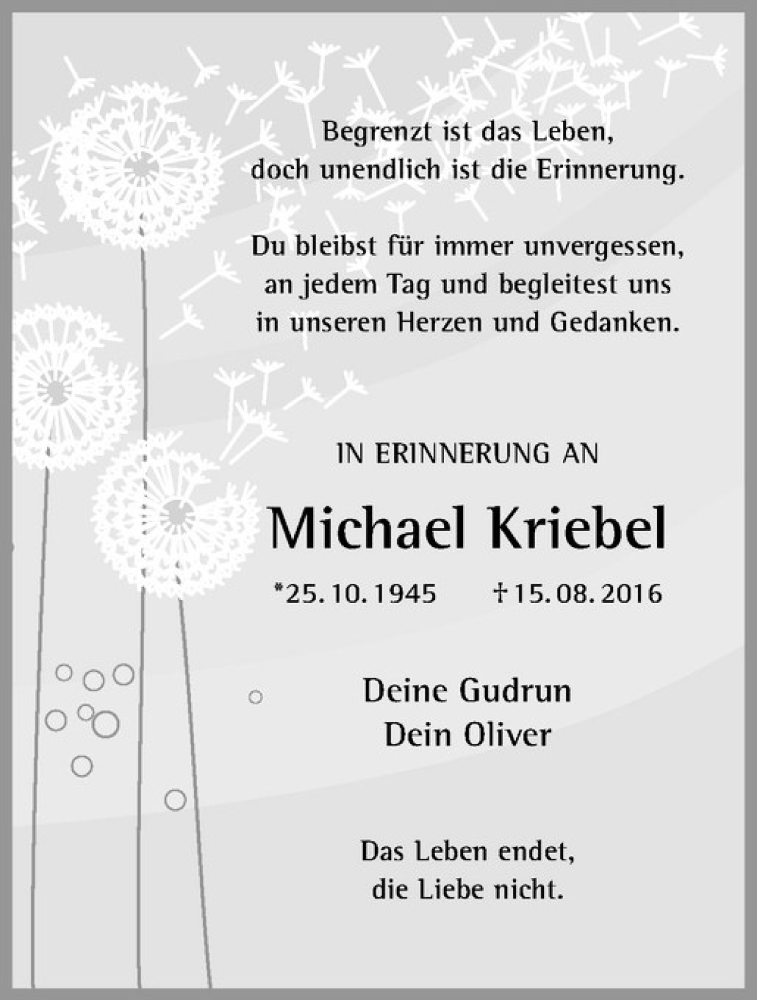  Traueranzeige für Michael Kriebel vom 15.08.2019 aus Westfälische Nachrichten