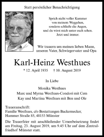 Anzeige von Karl-Heinz Westhues von Westfälische Nachrichten