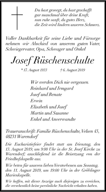 Anzeige von Josef Rüschenschulte von Westfälische Nachrichten