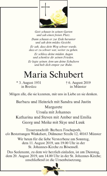 Anzeige von Maria Schubert von Westfälische Nachrichten