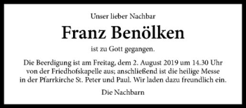 Anzeige von Franz Benölken von Westfälische Nachrichten