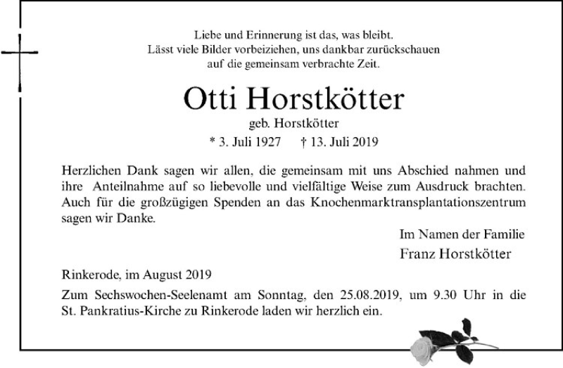  Traueranzeige für Otti Horstkötter vom 16.08.2019 aus Westfälische Nachrichten