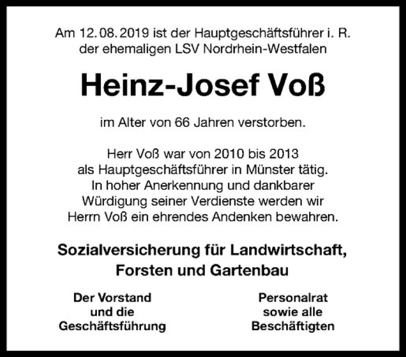  Traueranzeige für Heinz-Josef Voß vom 17.08.2019 aus Westfälische Nachrichten