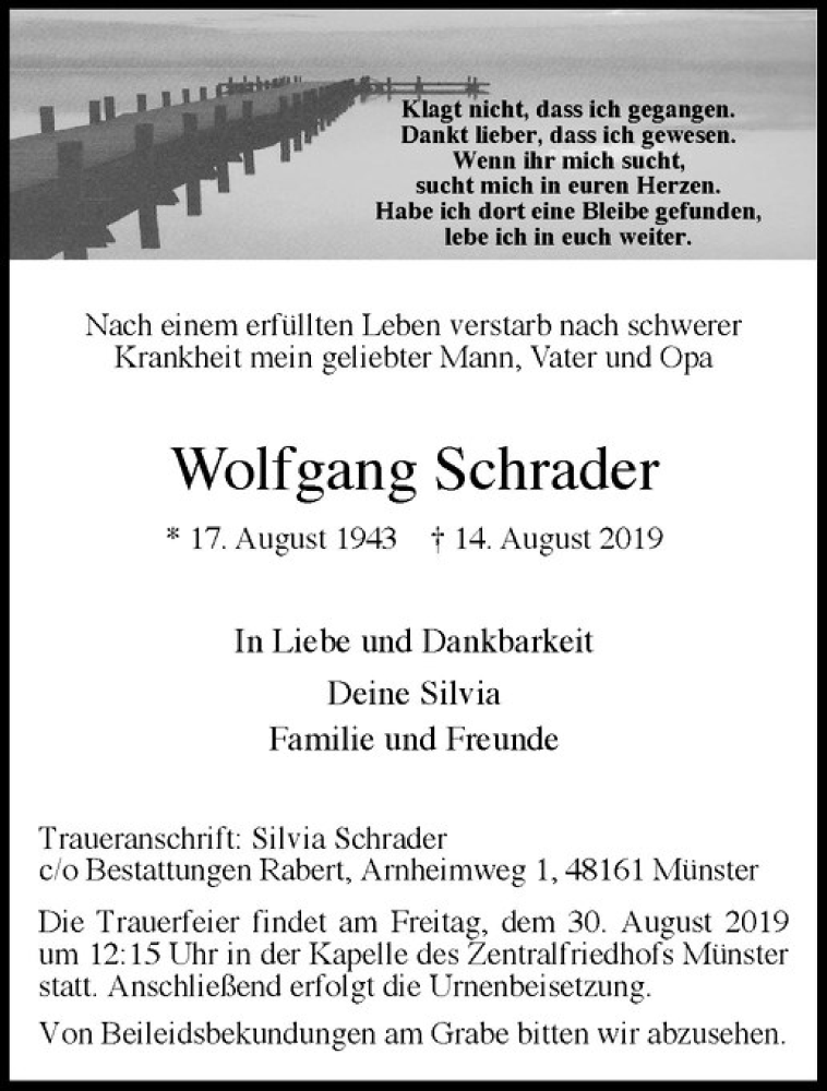  Traueranzeige für Wolfgang Schrader vom 24.08.2019 aus Westfälische Nachrichten