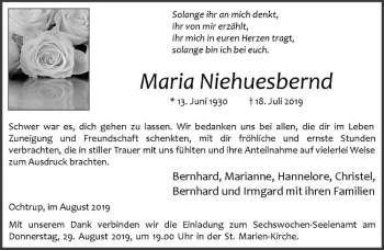 Anzeige von Maria Niehuesbernd von Westfälische Nachrichten
