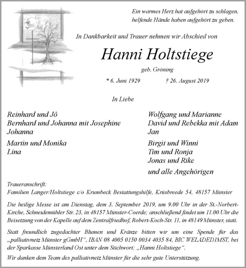  Traueranzeige für Hanni Holtstiege vom 31.08.2019 aus Westfälische Nachrichten