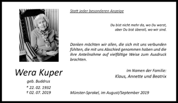 Anzeige von Wera Kuper von Westfälische Nachrichten