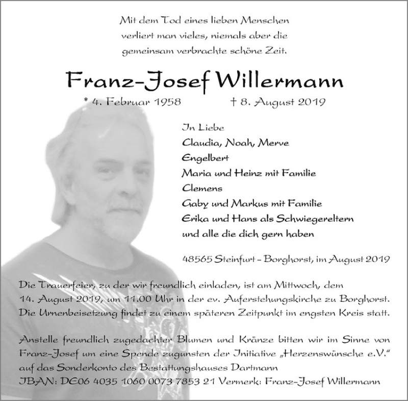  Traueranzeige für Franz-Josef Willermann vom 12.08.2019 aus Westfälische Nachrichten