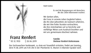 Anzeige von Franz Renfert von Westfälische Nachrichten