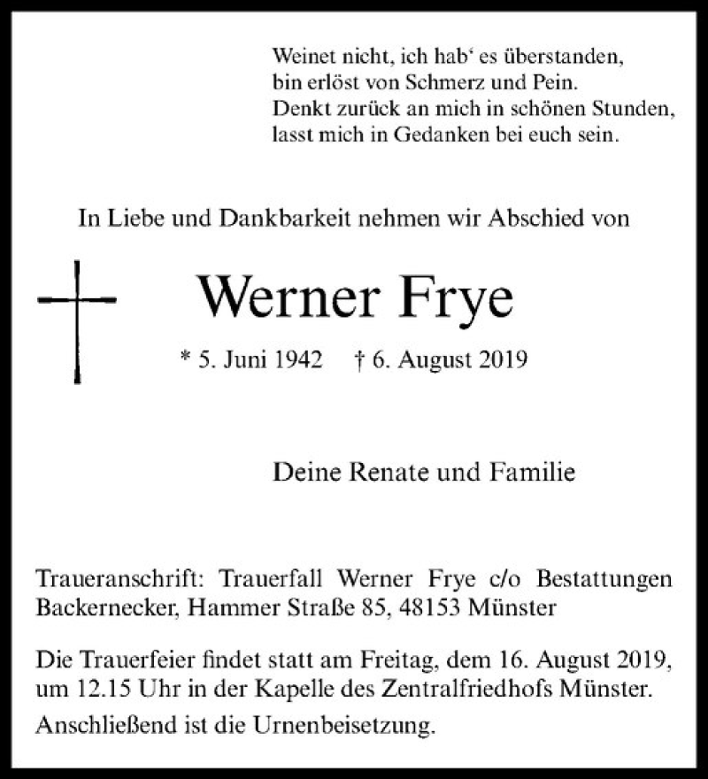  Traueranzeige für Werner Frye vom 10.08.2019 aus Westfälische Nachrichten