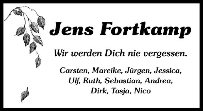  Traueranzeige für Jens Fortkamp vom 06.08.2019 aus Westfälische Nachrichten