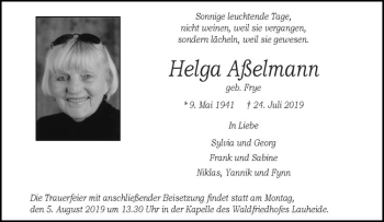 Anzeige von Helga Aßelmann von Westfälische Nachrichten